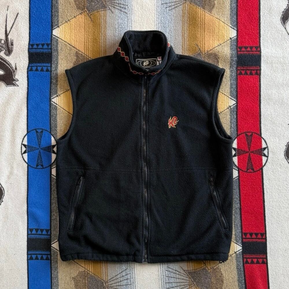 Vintage K2 Ski Men’s Fleece Vest Large Embroidered Black Red Full Zip Skiing